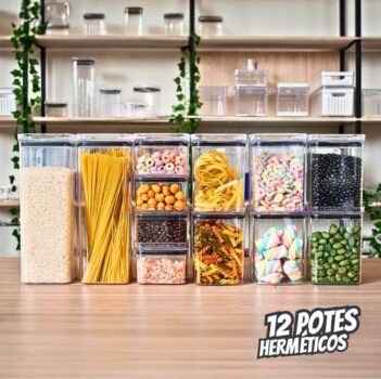 Kit 12 Potes Herméticos Porta Mantimentos Quadrado Cozinha Cor Transparente