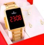 Kit Relógio Feminino Champion Digital Dourado Colar Brincos Cor do fundo led vermelho CH40086V Com Pulseira em Aço Inoxidável Presente Perfeito Namorada Mãe Esposa