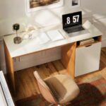 Escrivaninha Para Computador 115cm Com Porta E Nicho Mesa Home Office Escritório Quarto Estudo Notebook Moderna Canela Off White