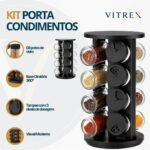 Kit Porta Condimentos Vitrex 8 Potes Em Vidro Preto Com Base Giratória
