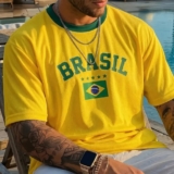 Blusa Brasil Retrô Estampada Bandeira Camiseta Masculina