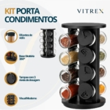 Kit Porta Condimentos Vitrex 8 Potes Em Vidro Preto Com Base Giratória