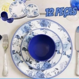 Aparelho de Jantar 12 Peças Alleanza Cerâmica Branco e Azul Redondo Antique