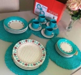 Aparelho de Jantar e Chá 20 Peças Biona de Cerâmica Redondo Branco e Azul Claro Donna