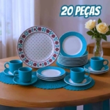 Aparelho de Jantar e Chá 20 Peças Biona de Cerâmica Redondo Branco e Azul Claro Donna