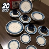 Aparelho de Jantar e Chá 20 Peças Biona de Cerâmica – Redondo Branco e Azul Donna