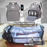 Bolsa Mochila Maternidade Vira Berço Troca Bebê Porta Frauda Cor Cinza Desenho do tecido Liso