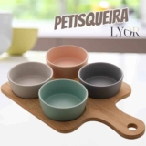 Conjunto de Petisqueira com Bandeja de Bambu e 4 Potes de Cerâmica 21cm x 31cm – Lyor