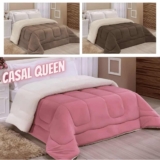 Edredom Sherpa Cobertor E Coberdrom Casal Queen Grosso Core Cor Avelã