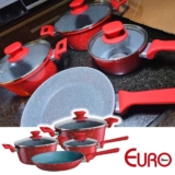 Euro Home, ALU8709-VO, Conjunto de panelas ColorStone 4 peças de alumínio com antiaderente e tampa de vidro, Volcano, Vermelho
