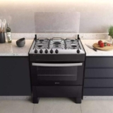 Fogão 5 Bocas Preto A Gás Com Mesa Inox Atlas Atenas Bivolt 110/220V.