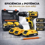 Furadeira e Parafusadeira de Impacto Sem Fio com LED 2 Baterias Recarregáveis Bi-volt e Acessórios Maleta Completa para Uso Profissional e Doméstico Linha Premium