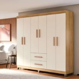 Guarda Roupa De Casal Lite 6 Portas Para Quarto Grande Com Cabideiro, Prateleiras E Gavetas Cor Off White E Nature Moderno E Espaçoso Para Organizar Roupa E Acessórios