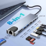 Hub USB-C 8 em 1, Hub Adaptador Multifuncional com HDMI 4K, Ethernet RJ45, Carregamento PD, 2 Portas USB 3.0, Leitor SD/TF, Cinza