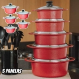 Jogo 5 Panelas Cerâmica Atoxica Antiaderente em Aluminio Fundido com Tampas em Vidro Temperado