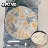 Jogo 6 Prato De Sobremesa 18 Cm Bem Te Vi Bionna Cor Cinza, Amarelo e Off White Florido pássaros