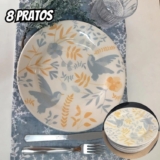 Jogo 6 Prato De Sobremesa 18 Cm Bem Te Vi Bionna Cor Cinza, Amarelo e Off White Florido pássaros