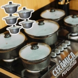 Jogo De Panelas Cerâmica Atoxica Antiaderente em Aluminio Fundido Com Tampas em Vidro Temperado