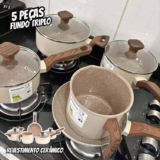 Jogo De Panelas Cook Crema Fundo Triplo Indução 5 Peças Cor Bege
