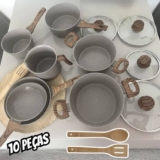 Jogo de panelas de cozinha Mimo Style Cook Fundo de Tripla Indução com 10 peças de alumínio marmol vanila