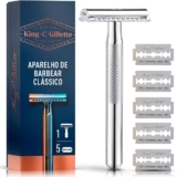 KING C. GILLETTE, Aparelho de Barbear Clássico + 5 Lâminas de barbear com Duplo Fio, aço inoxidável, Barbeador para homens, Cuidado para Barba