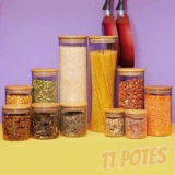 Kit 11 Potes Vidro Tampa De Bambu Herméticos Redondos – Tüd Cor Marrom-claro
