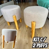 Kit 2 Puff Banquinho Redondo Decorativo Thor em Linho Pés Madeira Maciça Cor Bege