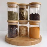 Kit Com 6 Potes De Vidro C/ Tampa De Bambu Hermético 300ml