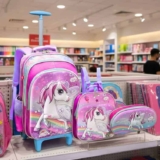 Kit Mochila Rodinha 3d Infantil Lancheira Estojo Unicornio Rosa