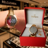 Kit Relógio Feminino Champion Dourado Redondo + Conjunto Colar Brinco Ch40115b