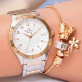 Kit Relógio Feminino Champion Original Bicolor Luxo + Pulseira Berloques Modelo Analógico com Pulseira em Aço inoxidável com Detalhes Prata e Dourado CN29409S Presente Perfeito Namorados Mães Esposa
