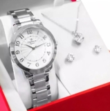 Kit Relógio Feminino Champion Original Prata Colar E Brincos