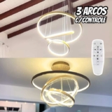 Lustre Led Moderno 3 Arcos Anéis Pendente 89w Bivolt 110V/220V Luz Branco Quente Morno Neutro Frio 3200k Cor Dourado Brinovar