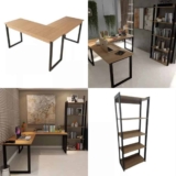 Mesa L E Estante 5 Prateleiras Multiuso Escritorio Conjunto