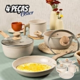 OSTER Conjunto de Panelas Antiaderentes 4 Peças Marble Edition – Jogo de Panela e Frigideira, Construção em Alumínio e Revestimento Duplo de Cerâmica, Alças e Cabos Revestidos em Silicone – Cream