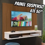 Painel Prateleira Nicho Suspenso Tv Até 50 Polegadas Ripado Cor Ripado Freijo / Off White