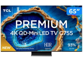 Smart TV 65″ QLED 4K TCL Mini LED 65C755 com processador AIPQ, Google TV, HDR10+, Wi-Fi, Google Assistente, Dolby Vision e Atmos