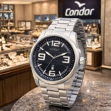 Relógio Masculino Condor Analógico de Quartzo, Prateado com Fundo Preto
