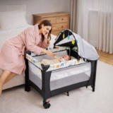 Berço Portátil 3 em 1 chiqueirinho moises de Bebê Multifuncional 0 a 24 Meses, com Trocador, Mosquiteiro Meia Sombra com Zíper, Colchão Espesso, Modo Balanço, Lateral Ajustável, Organizador, até 15kg