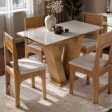 Conjunto Sala de Jantar 4 Lugares com Cadeiras Estofadas Mesa Com Tampo Retangular Semelhante Vidro Base V Mel Branco Off White