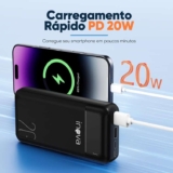 Power Bank, Carregador Portátil de 20000mAh com Carga Rápida, Múltiplas Portas, Design Leve e Proteção Inteligente para Dispositivos iOS e Android/USB/Type-C/Preto/(MD-30275)