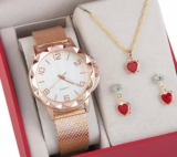 Relógio Feminino+ Colar Pingente Brincos Folheado A Ouro 18k