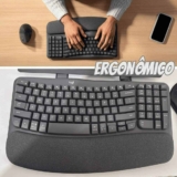 Teclado Ergonômico sem fio Logitech Wave Keys com Design Ondulado, Suporte para Descanso de Pulso Acolchoado, Bluetooth ou Receptor USB Logi Bolt, Compatível com Windows/Mac e Layout US – Grafite