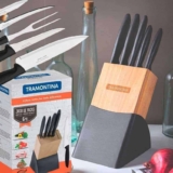 Tramontina jogo de facas plenus com 6 peças em aço inox e suporte de madeira